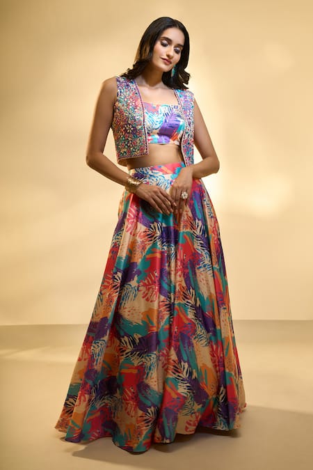 Aariyana Couture Tropical Print Lehenga Set With Embroidered Jacket 