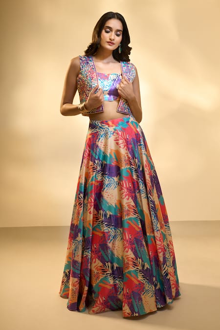 Shop Aariyana Couture Multi Color , Polyester, Satin Tropical Print Lehenga Set With Jacket Online at Aza Fashions Shop_Aariyana Couture_Multi Color , Polyester, Satin Tropical Print Lehenga Set With Jacket _Online_at_Aza_Fashions