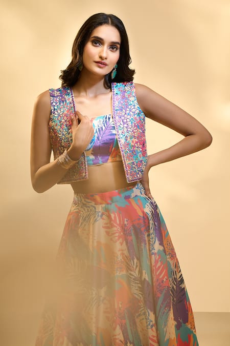 Aariyana Couture Multi Color , Polyester, Satin Tropical Print Lehenga Set With Jacket at Aza Fashions Aariyana Couture_Multi Color , Polyester, Satin Tropical Print Lehenga Set With Jacket _at_Aza_Fashions