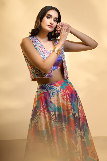 Buy Aariyana Couture Multi Color , Polyester, Satin Tropical Print Lehenga Set With Jacket Buy_Aariyana Couture_Multi Color , Polyester, Satin Tropical Print Lehenga Set With Jacket