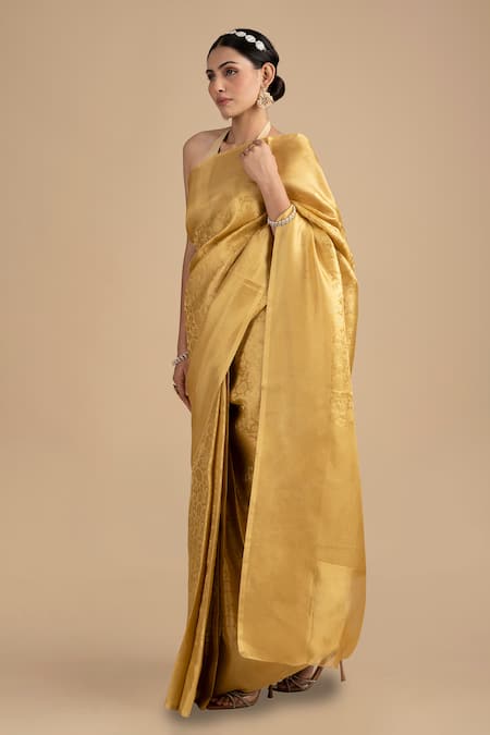 Buy Zal From Benaras Gold Silk Floral Woven Saree With Unstitched Blouse Piece Online at Aza Fashions Buy_Zal From Benaras_Gold Silk Floral Woven Saree With Unstitched Blouse Piece _Online_at_Aza_Fashions