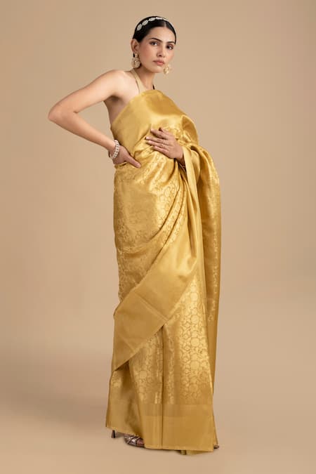 Shop Zal From Benaras Gold Silk Floral Woven Saree With Unstitched Blouse Piece Online at Aza Fashions Shop_Zal From Benaras_Gold Silk Floral Woven Saree With Unstitched Blouse Piece _Online_at_Aza_Fashions