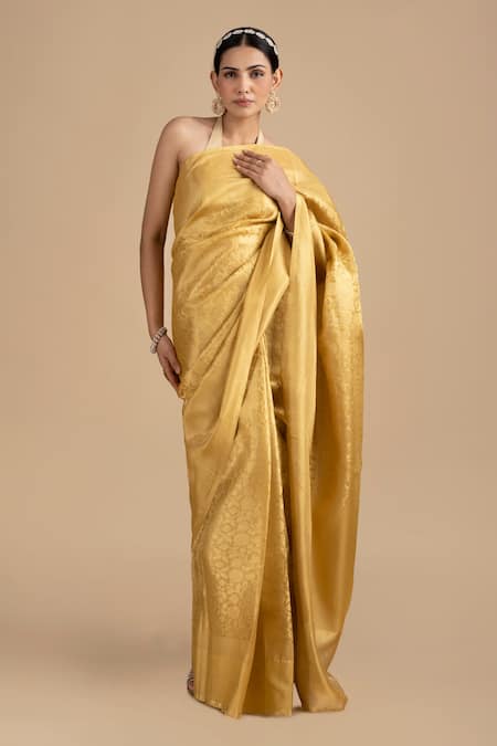 Zal From Benaras Gold Silk Floral Woven Saree With Unstitched Blouse Piece at Aza Fashions Zal From Benaras_Gold Silk Floral Woven Saree With Unstitched Blouse Piece _at_Aza_Fashions