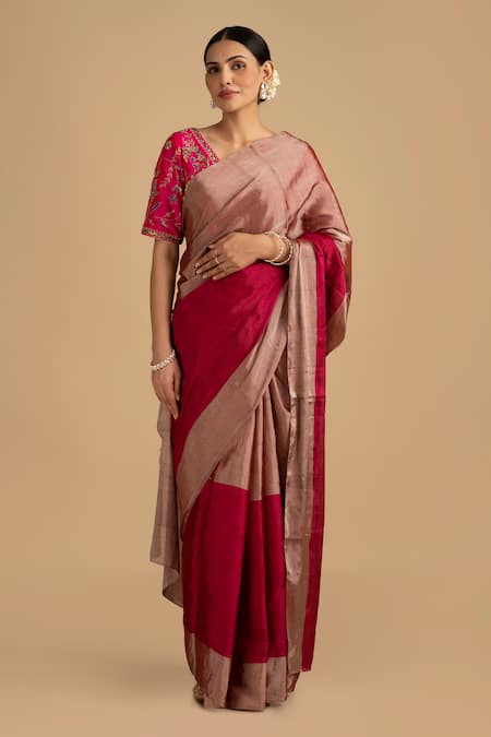 Zal From Benaras Grey Pure Chanderi Tissue Woven Zari Stripe Saree With Unstitched Blouse Piece 