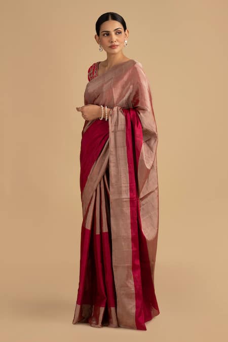 Shop_Zal From Benaras_Grey Chanderi Zari Stripe Woven Saree With Unstitched Blouse Piece _at_Aza_Fashions