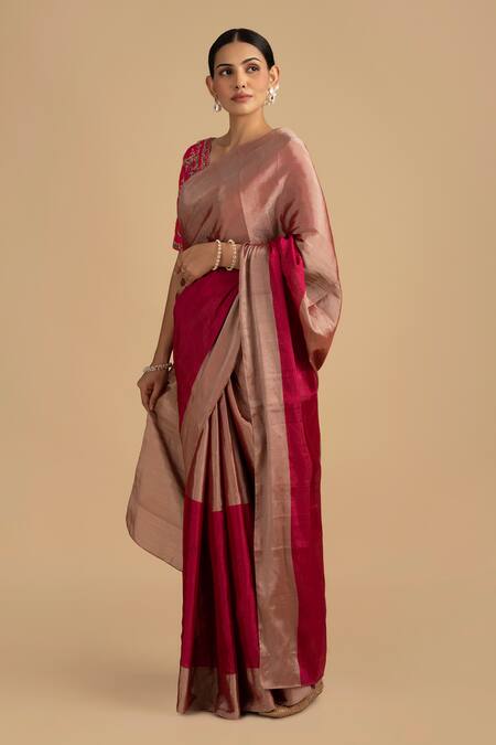 Buy_Zal From Benaras_Grey Chanderi Zari Stripe Woven Saree With Unstitched Blouse Piece _Online_at_Aza_Fashions