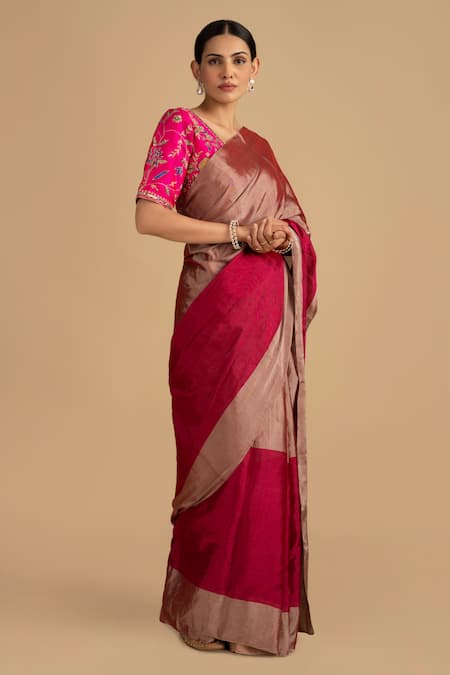 Shop_Zal From Benaras_Grey Chanderi Zari Stripe Woven Saree With Unstitched Blouse Piece _Online_at_Aza_Fashions