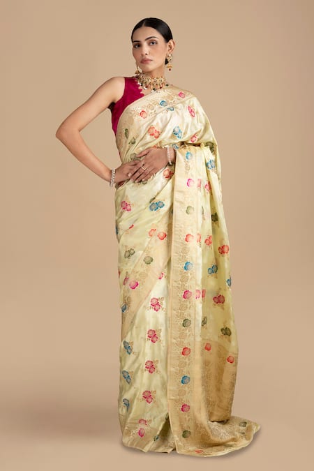 Zal From Benaras Cream Pure Katan Silk Woven Flower Saree With Unstitched Blouse Piece 