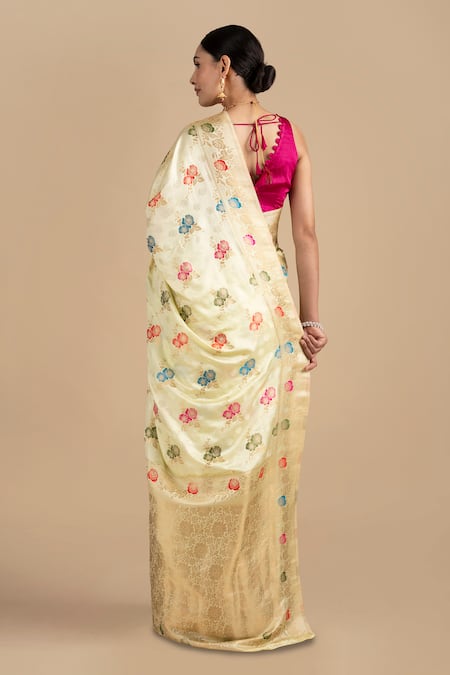 Shop Zal From Benaras Cream Silk Zari, Embroidery Flower Woven Saree With Unstitched Blouse Piece at Aza Fashions Shop_Zal From Benaras_Cream Silk Zari, Embroidery Flower Woven Saree With Unstitched Blouse Piece _at_Aza_Fashions