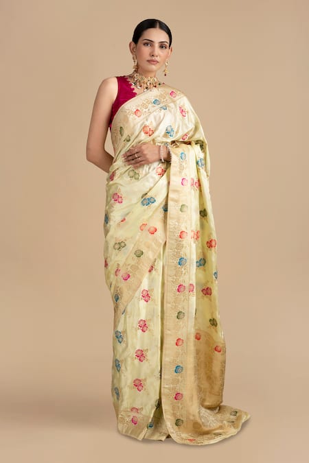 Buy Zal From Benaras Cream Silk Zari, Embroidery Flower Woven Saree With Unstitched Blouse Piece Online at Aza Fashions Buy_Zal From Benaras_Cream Silk Zari, Embroidery Flower Woven Saree With Unstitched Blouse Piece _Online_at_Aza_Fashions