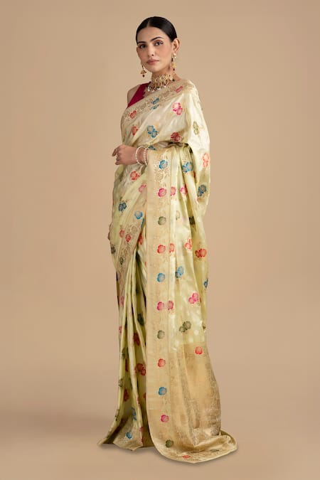 Shop Zal From Benaras Cream Silk Zari, Embroidery Flower Woven Saree With Unstitched Blouse Piece Online at Aza Fashions Shop_Zal From Benaras_Cream Silk Zari, Embroidery Flower Woven Saree With Unstitched Blouse Piece _Online_at_Aza_Fashions