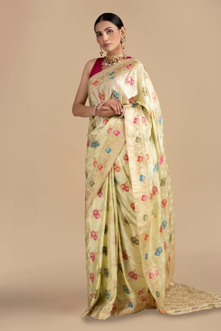 Zal From Benaras Cream Silk Zari, Embroidery Flower Woven Saree With Unstitched Blouse Piece at Aza Fashions Zal From Benaras_Cream Silk Zari, Embroidery Flower Woven Saree With Unstitched Blouse Piece _at_Aza_Fashions