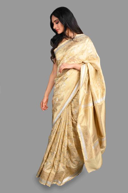 Buy_Zal From Benaras_Cream Silk, Kota Doria Zari, Embroidery Woven Saree With Unstitched Blouse Piece_Online_at_Aza_Fashions