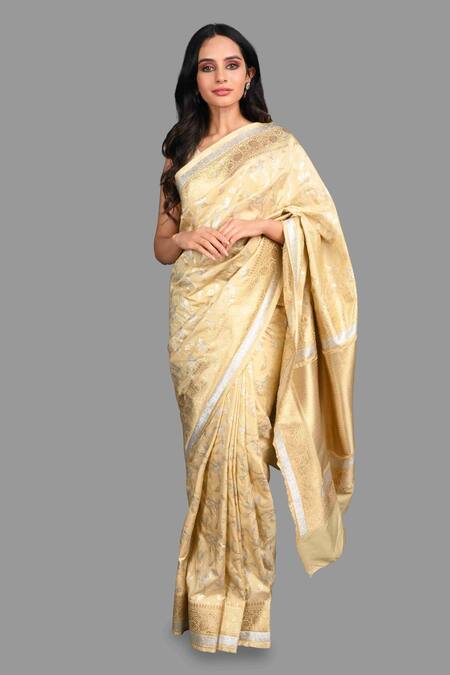 Shop_Zal From Benaras_Cream Silk, Kota Doria Zari, Embroidery Woven Saree With Unstitched Blouse Piece_Online_at_Aza_Fashions