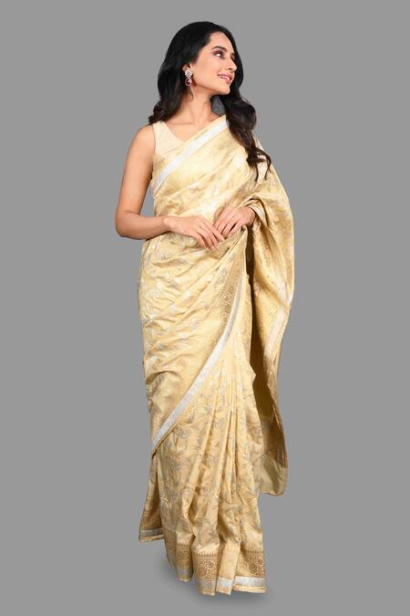 Zal From Benaras_Cream Silk, Kota Doria Zari, Embroidery Woven Saree With Unstitched Blouse Piece_at_Aza_Fashions