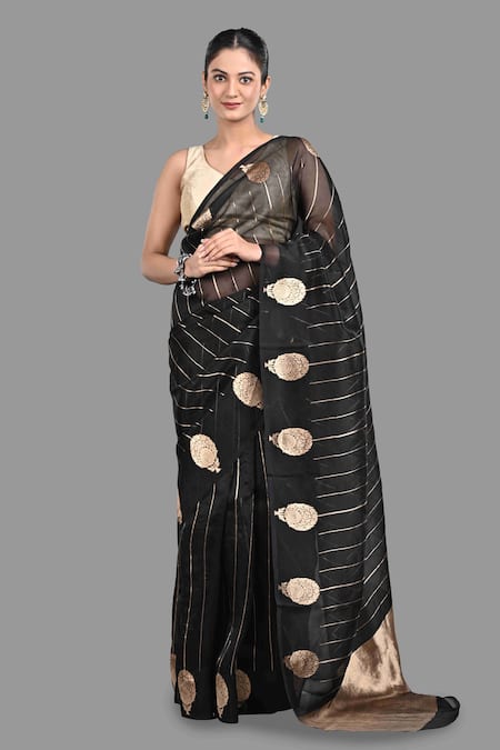 Zal From Benaras Black Pure Organza Silk Woven Tree Border Saree With Unstitched Blouse Piece 