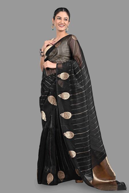 Buy_Zal From Benaras_Black Organza, Silk Zari Tree Border Woven Saree With Unstitched Blouse Piece _Online_at_Aza_Fashions