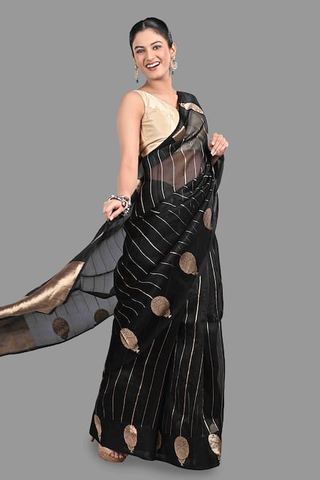 Shop_Zal From Benaras_Black Organza, Silk Zari Tree Border Woven Saree With Unstitched Blouse Piece _Online_at_Aza_Fashions