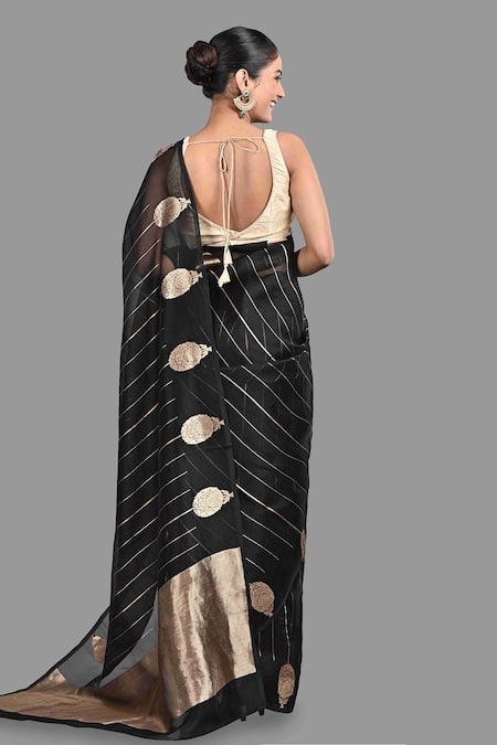 Zal From Benaras_Black Organza, Silk Zari Tree Border Woven Saree With Unstitched Blouse Piece _at_Aza_Fashions
