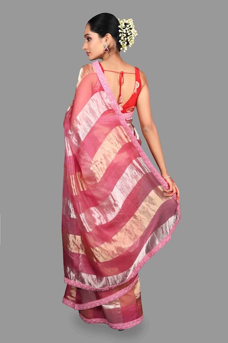 Shop Zal From Benaras Pink Organza, Silk Zari Stripe Pattern Saree With Unstitched Blouse Piece at Aza Fashions Shop_Zal From Benaras_Pink Organza, Silk Zari Stripe Pattern Saree With Unstitched Blouse Piece _at_Aza_Fashions