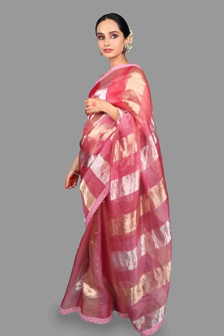 Zal From Benaras Pink Organza, Silk Zari Stripe Pattern Saree With Unstitched Blouse Piece Online at Aza Fashions Zal From Benaras_Pink Organza, Silk Zari Stripe Pattern Saree With Unstitched Blouse Piece _Online_at_Aza_Fashions