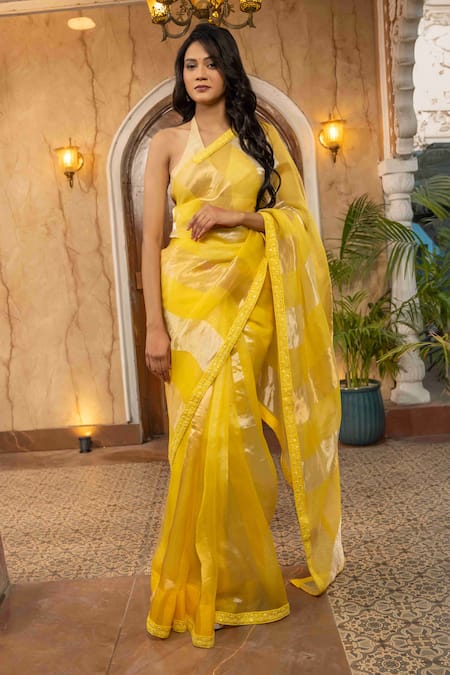 Zal From Benaras Yellow Pure Organza Silk Woven Zari Stripe Saree With Unstitched Blouse Piece 