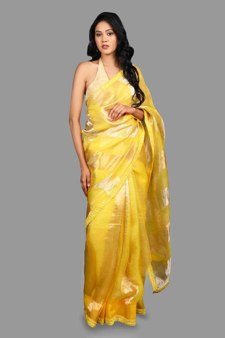 Zal From Benaras_Yellow Organza, Silk Mirrors, Stripe Woven Saree With Unstitched Blouse Piece _Online_at_Aza_Fashions
