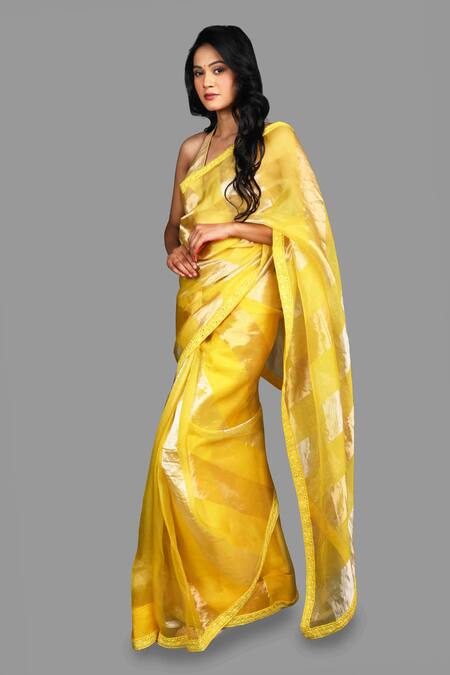 Buy_Zal From Benaras_Yellow Organza, Silk Mirrors, Stripe Woven Saree With Unstitched Blouse Piece _Online_at_Aza_Fashions