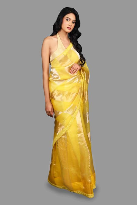 Shop_Zal From Benaras_Yellow Organza, Silk Mirrors, Stripe Woven Saree With Unstitched Blouse Piece _Online_at_Aza_Fashions