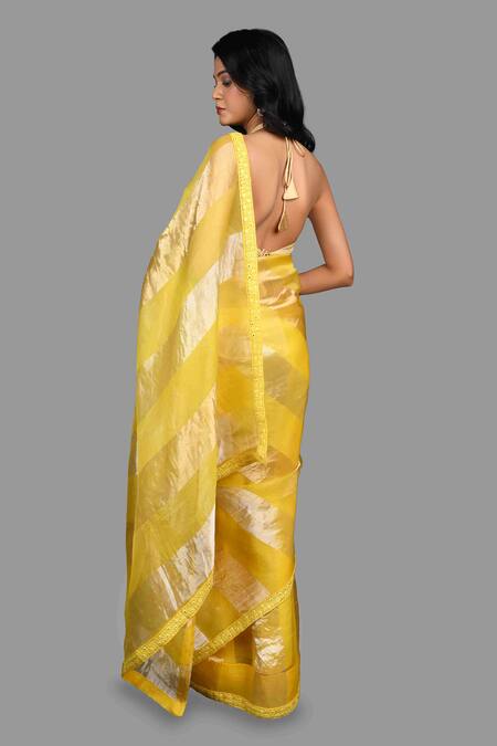 Zal From Benaras_Yellow Organza, Silk Mirrors, Stripe Woven Saree With Unstitched Blouse Piece _at_Aza_Fashions