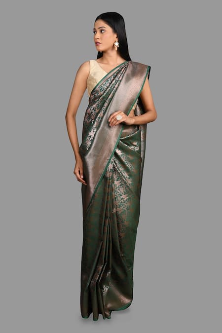 Buy_Zal From Benaras_Green Kota Doria, Silk Bird Woven Saree With Unstitched Blouse Piece _Online_at_Aza_Fashions