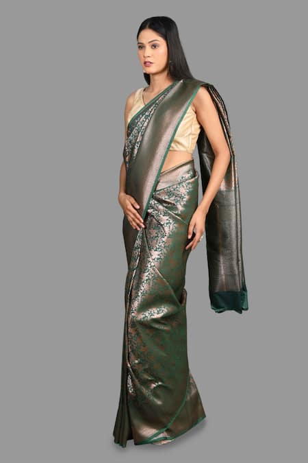 Shop_Zal From Benaras_Green Kota Doria, Silk Bird Woven Saree With Unstitched Blouse Piece _Online_at_Aza_Fashions