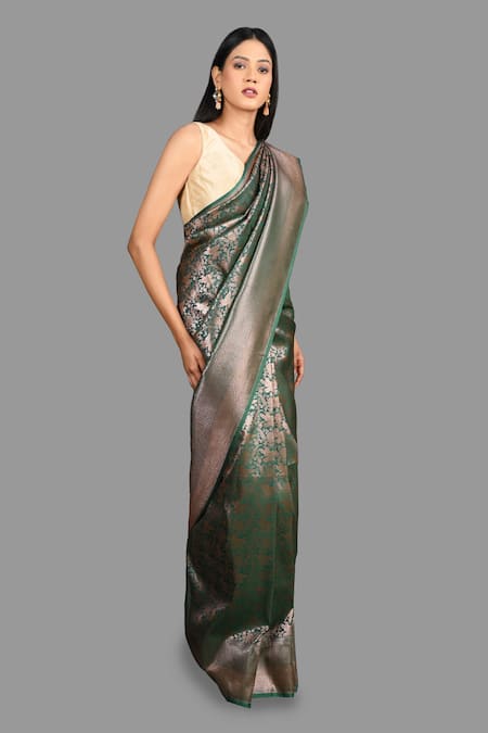 Zal From Benaras_Green Kota Doria, Silk Bird Woven Saree With Unstitched Blouse Piece _at_Aza_Fashions