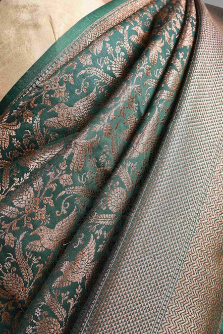 Buy_Zal From Benaras_Green Kota Doria, Silk Bird Woven Saree With Unstitched Blouse Piece 