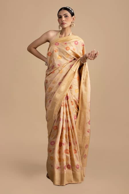Shop Zal From Benaras Beige Silk Embroidery Floral Meenakari Woven Saree With Unstitched Blouse Piece at Aza Fashions Shop_Zal From Benaras_Beige Silk Embroidery Floral Meenakari Woven Saree With Unstitched Blouse Piece _at_Aza_Fashions
