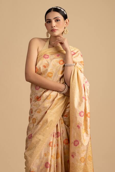 Shop Zal From Benaras Beige Silk Embroidery Floral Meenakari Woven Saree With Unstitched Blouse Piece Online at Aza Fashions Shop_Zal From Benaras_Beige Silk Embroidery Floral Meenakari Woven Saree With Unstitched Blouse Piece _Online_at_Aza_Fashions