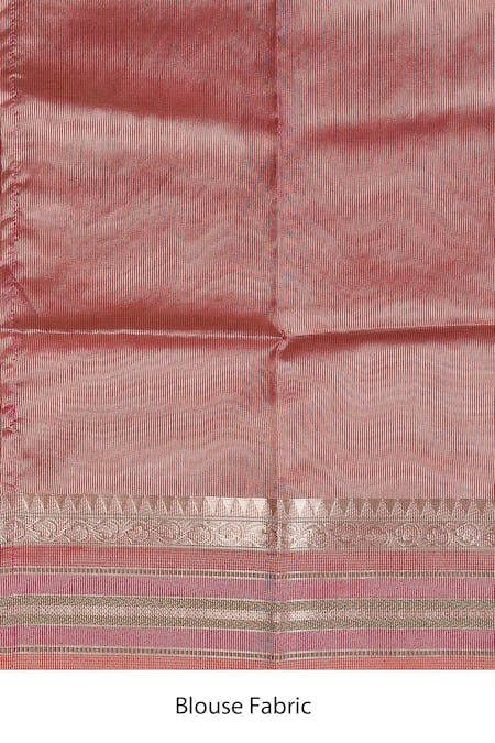 Zal From Benaras_Pink Tissue, Silk Chevron Border Woven Saree With Unstitched Blouse Piece _Online_at_Aza_Fashions