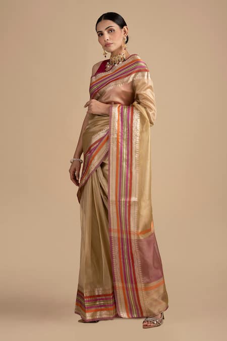 Buy_Zal From Benaras_Pink Tissue, Silk Chevron Border Woven Saree With Unstitched Blouse Piece _Online_at_Aza_Fashions