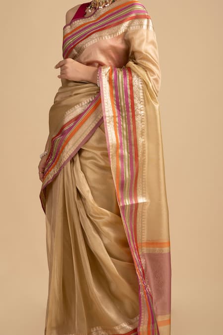 Shop_Zal From Benaras_Pink Tissue, Silk Chevron Border Woven Saree With Unstitched Blouse Piece _Online_at_Aza_Fashions