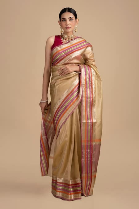 Zal From Benaras_Pink Tissue, Silk Chevron Border Woven Saree With Unstitched Blouse Piece _at_Aza_Fashions