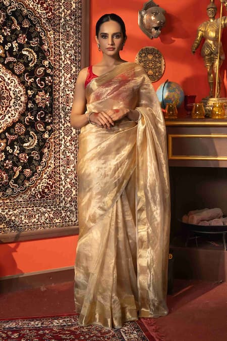 Zal From Benaras Gold Pure Tissue Silk Plain Saree With Unstitched Blouse Piece 