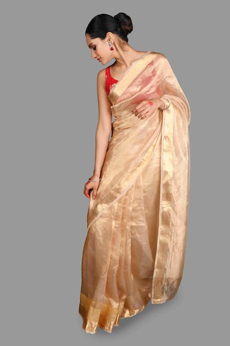 Buy_Zal From Benaras_Gold Tissue, Silk Pure Saree With Unstitched Blouse Piece_Online_at_Aza_Fashions