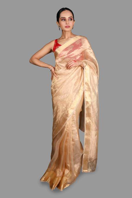 Shop_Zal From Benaras_Gold Tissue, Silk Pure Saree With Unstitched Blouse Piece_Online_at_Aza_Fashions