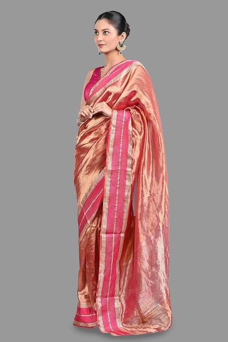 Buy Zal From Benaras Pink Tissue, Silk Chevron Woven Saree With Unstitched Blouse Piece Online at Aza Fashions Buy_Zal From Benaras_Pink Tissue, Silk Chevron Woven Saree With Unstitched Blouse Piece _Online_at_Aza_Fashions
