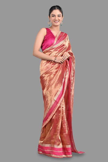 Shop Zal From Benaras Pink Tissue, Silk Chevron Woven Saree With Unstitched Blouse Piece Online at Aza Fashions Shop_Zal From Benaras_Pink Tissue, Silk Chevron Woven Saree With Unstitched Blouse Piece _Online_at_Aza_Fashions