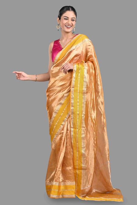 Zal From Benaras Yellow Pure Tissue Silk Woven Zari Border Saree With Unstitched Blouse Piece 