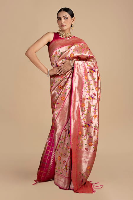 Zal From Benaras Pink Kanjivaram Silk Woven Floral Vine Saree With Unstitched Blouse Piece 