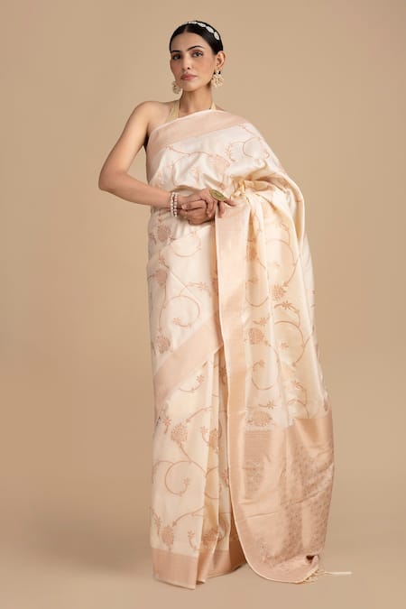 Zal From Benaras Flower Vine Woven Saree With Unstitched Blouse Piece 