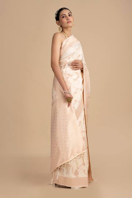 Buy_Zal From Benaras_Cream Silk Flower Vine Woven Saree With Unstitched Blouse Piece_Online_at_Aza_Fashions