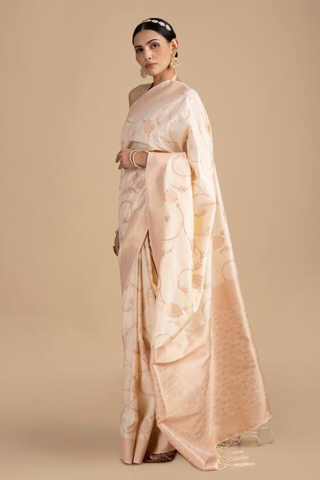 Shop_Zal From Benaras_Cream Silk Flower Vine Woven Saree With Unstitched Blouse Piece_Online_at_Aza_Fashions